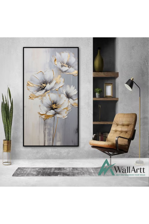 White Gold Flowers 3D Heavy Textured Partial oil Painting